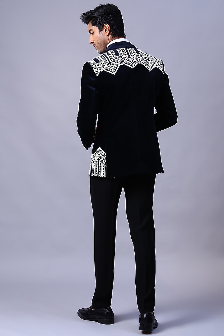 Blue Velvet Hand Embroidered Tuxedo Set by Kanishk Mehta Designs at Pernia's Pop Up Shop