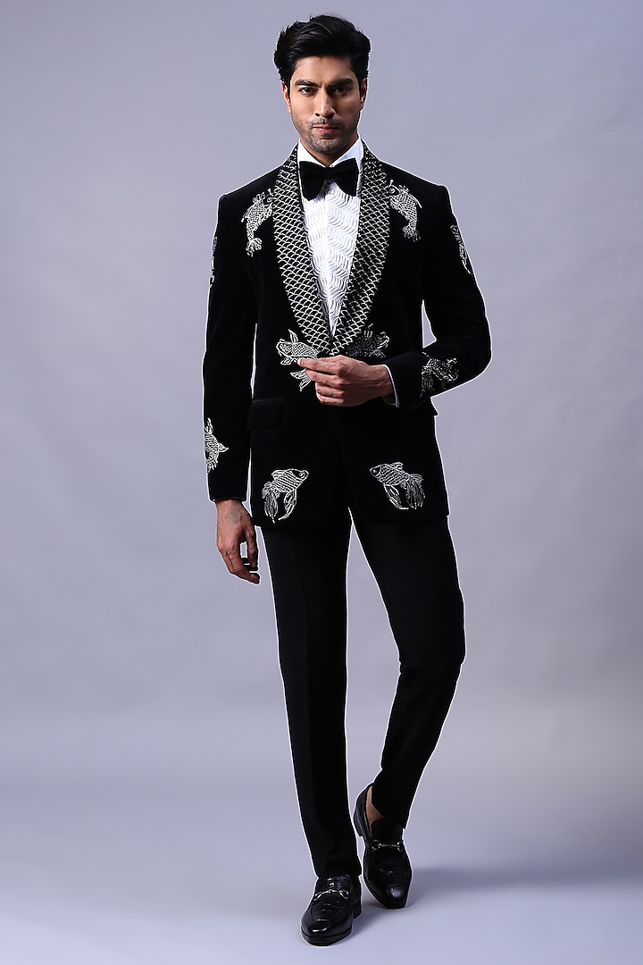 Black Velvet Hand Embroidered Tuxedo Set by Kanishk Mehta Designs
