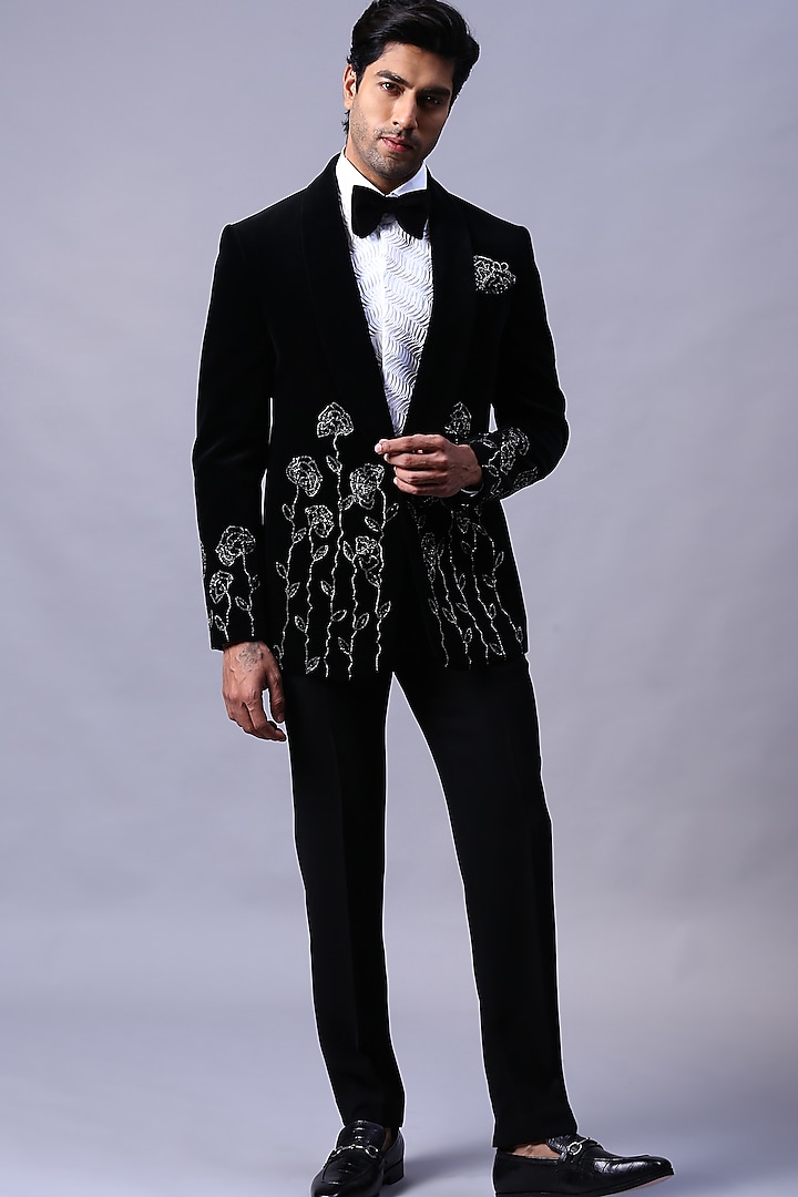 Black Velvet Hand Embroidered Tuxedo Set by Kanishk Mehta Designs