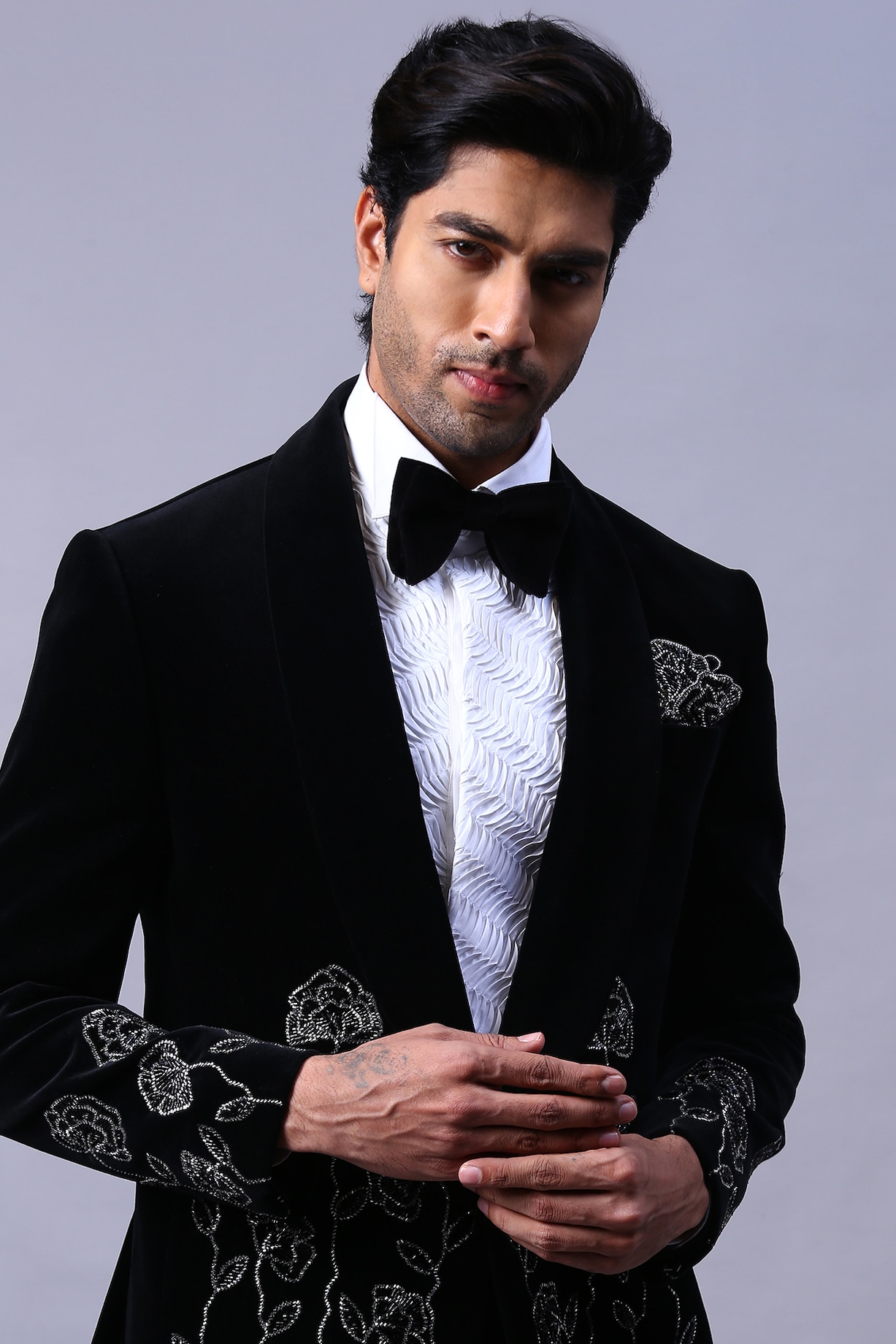 Buy Kanishk Mehta Designs Black Velvet Hand Embroidered Tuxedo Set at ...