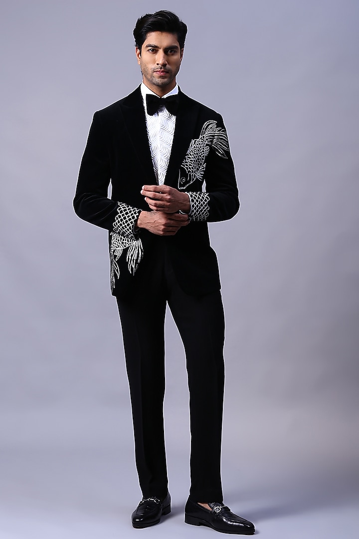 Black Velvet Hand Embroidered Tuxedo Set by Kanishk Mehta Designs at ...