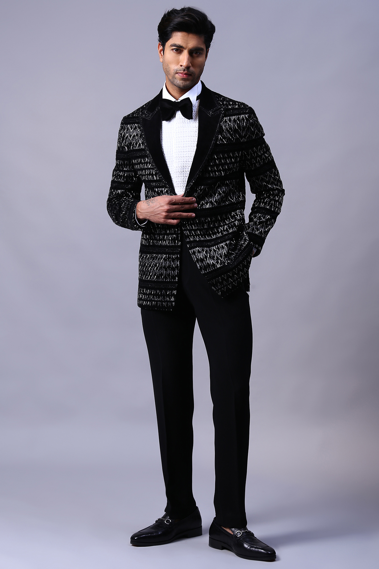 Black Velvet Hand Embroidered Tuxedo Set by Kanishk Mehta Designs