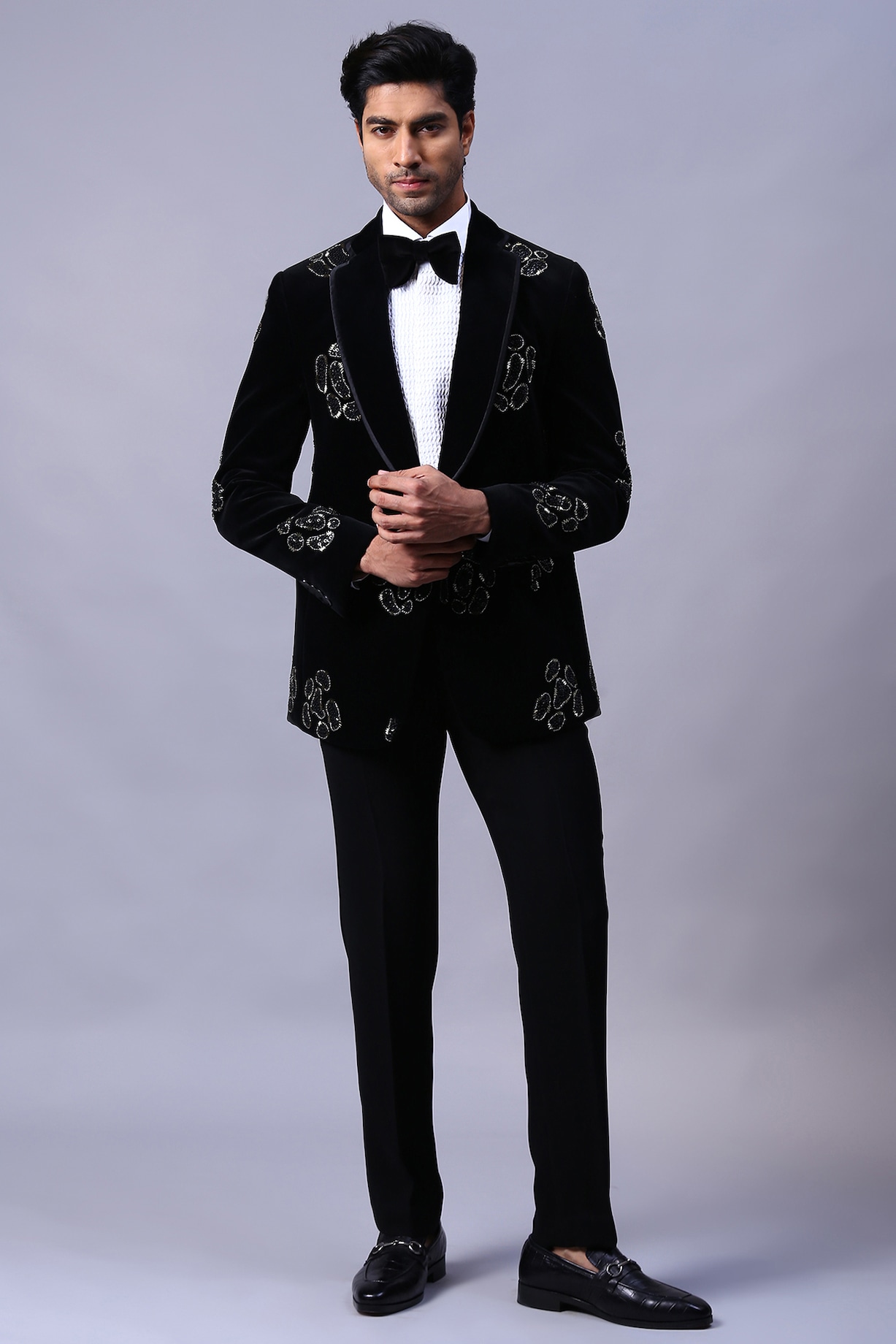 Buy Kanishk Mehta Designs Black Velvet Hand Embroidered Tuxedo Set at ...