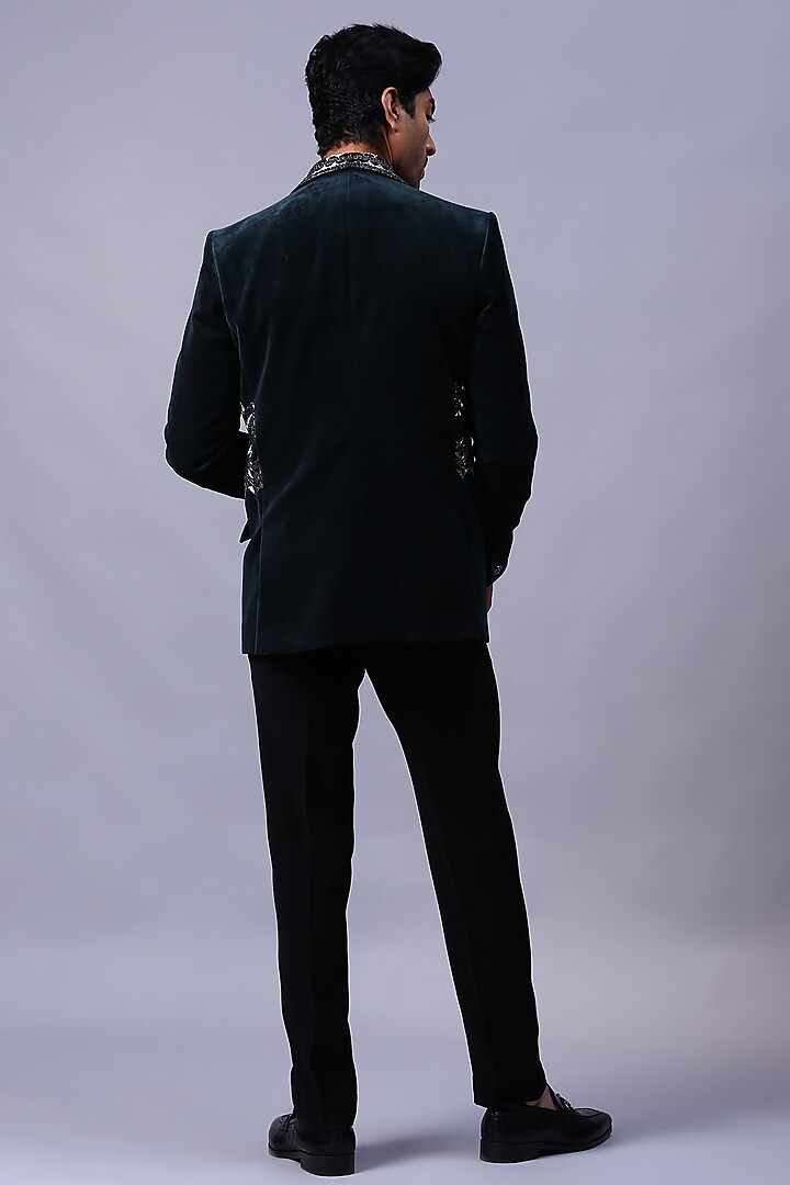 Green Velvet Hand Embroidered Tuxedo Set by Kanishk Mehta Designs at Pernia's Pop Up Shop