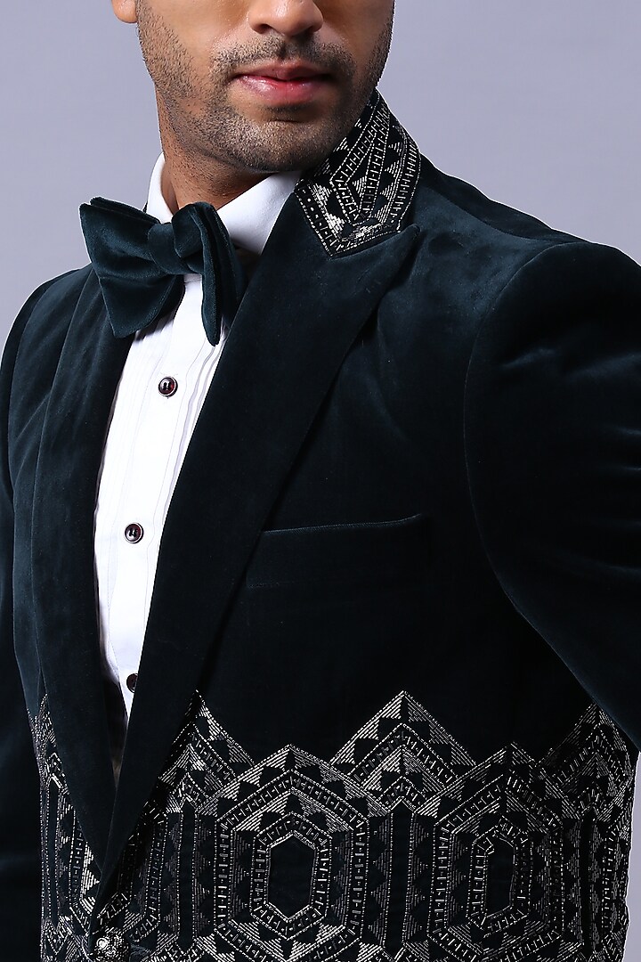 Green Velvet Hand Embroidered Tuxedo Set by Kanishk Mehta Designs at Pernia's Pop Up Shop