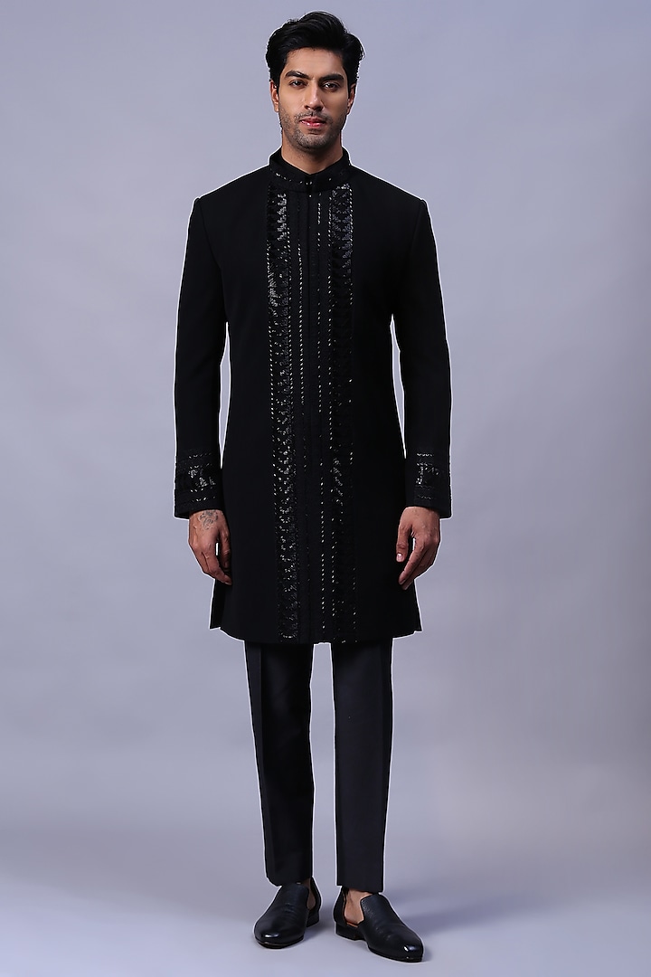 Black Silk Embroidered Indo-Western Set by Kanishk Mehta Designs