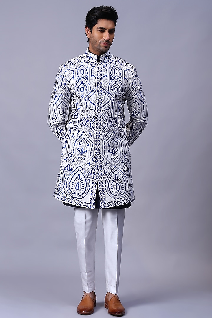 White & Blue Chanderi Embroidered Indo-Western Set by Kanishk Mehta Designs