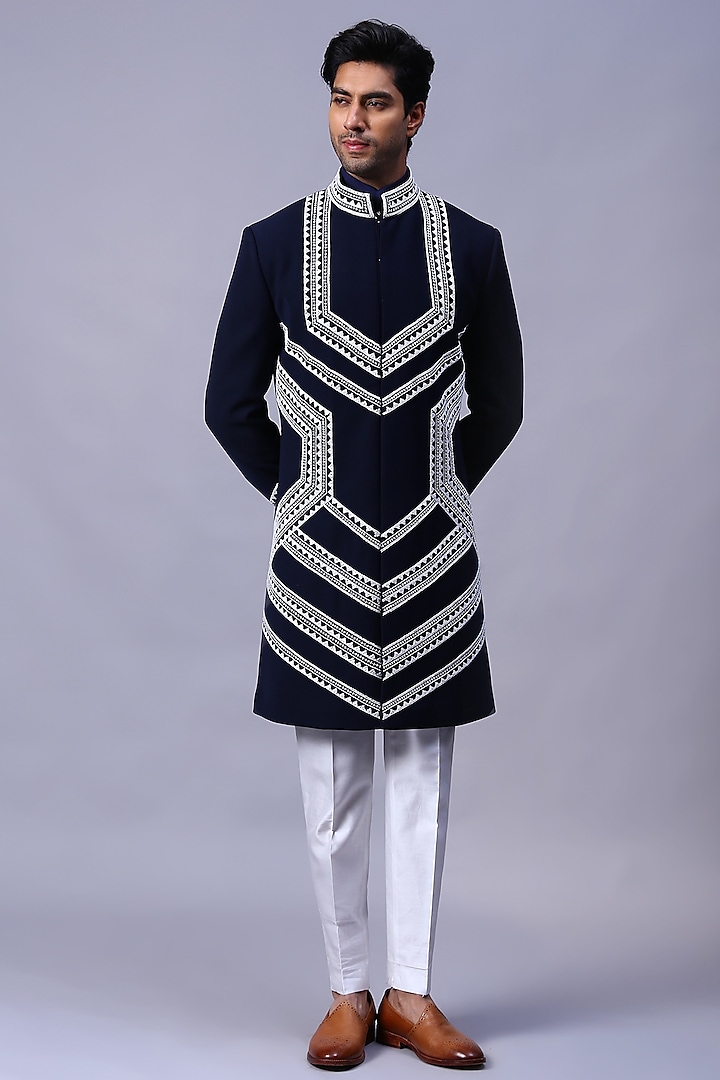 Blue Silk Nalki Embroidered Indo-Western Set by Kanishk Mehta Designs