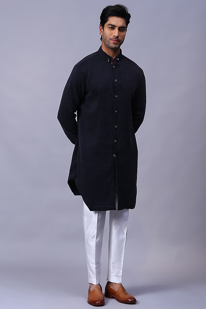 Black Corduroy Kurta Set by Kanishk Mehta Designs