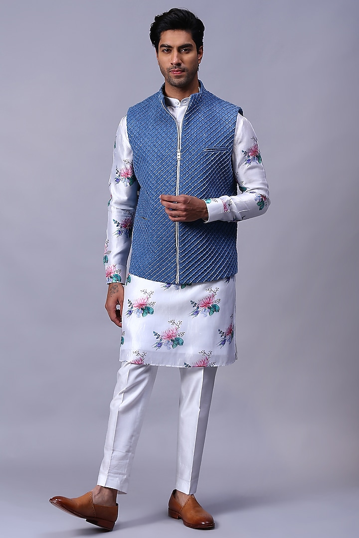 Blue Denim Bundi Set by Kanishk Mehta Designs