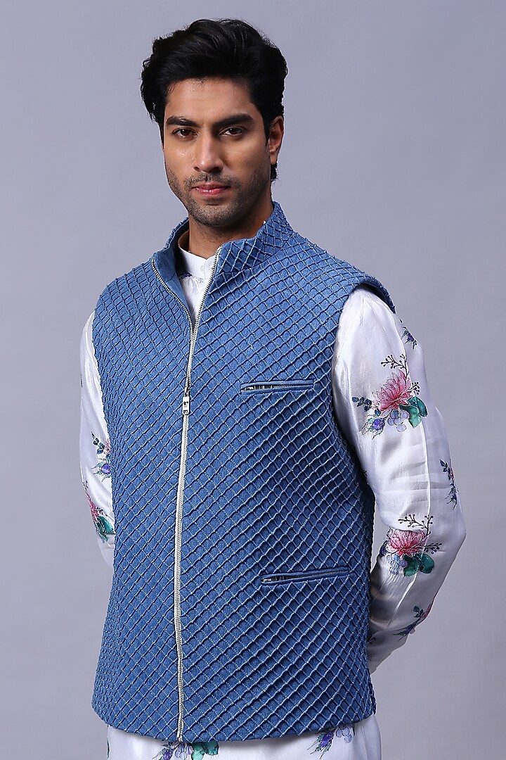Blue Denim Bundi Set by Kanishk Mehta Designs at Pernia's Pop Up Shop