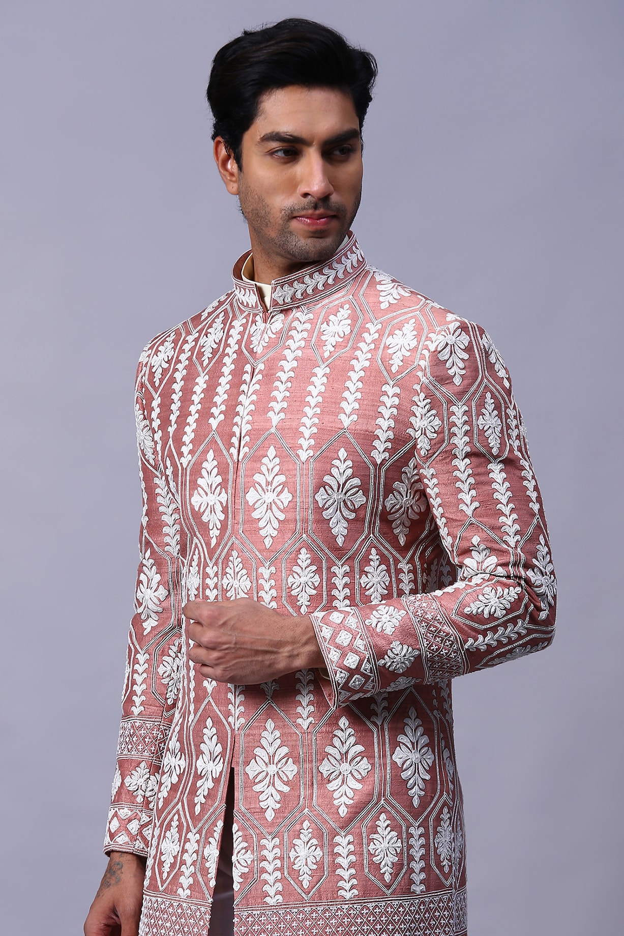 Buy Kanishk Mehta Designs Peach Chanderi Dori Embroidered Indo-Western ...