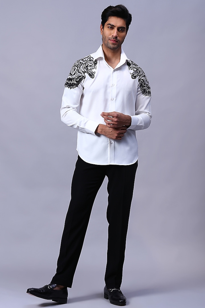White Pure Cotton Embroidered Shirt by Kanishk Mehta Designs