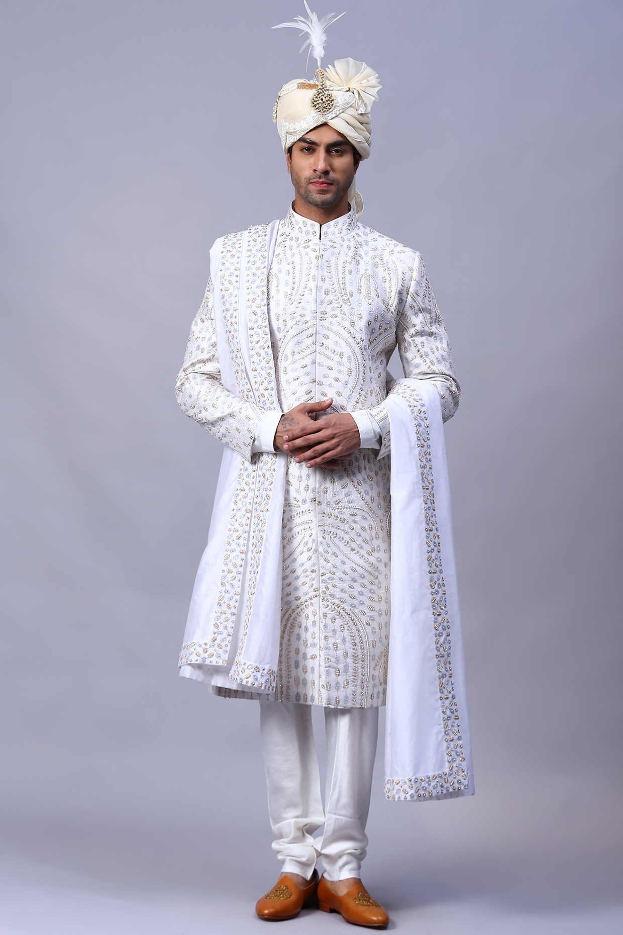 White Chanderi Embroidered Sherwani Set by Kanishk Mehta Designs