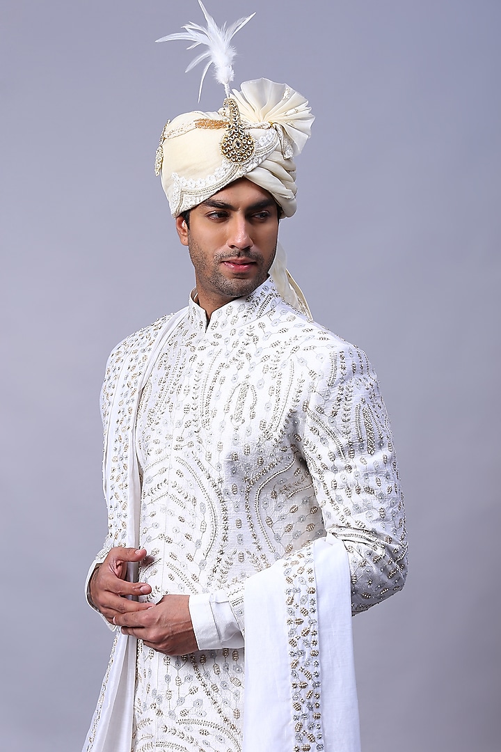 Buy Kanishk Mehta Designs White Chanderi Embroidered Sherwani Set at ...