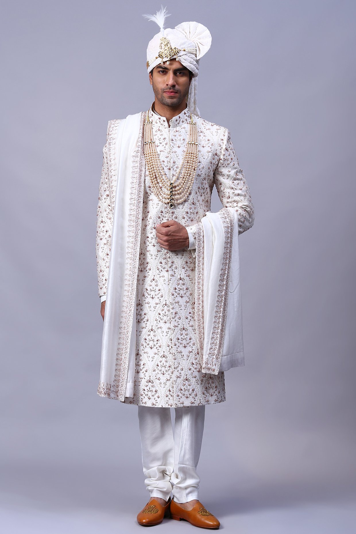 Ivory Chanderi Embroidered Sherwani Set by Kanishk Mehta Designs