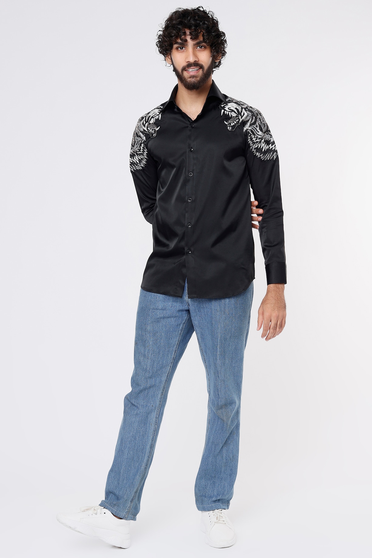 Amrit Dawani Moon Embellished Shirt, Men, Shirts, Casual Shirts, Black,  Wolf, Cotton, Collar, Full in 2023