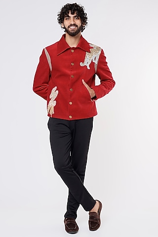 Red Corduroy Bomber Jacket by Kanishk Mehta Designs