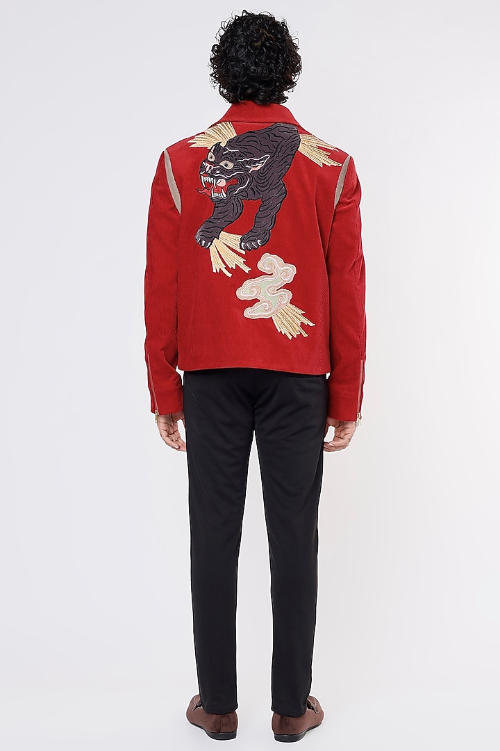 Red Corduroy Bomber Jacket by Kanishk Mehta Designs at Pernia's Pop Up Shop