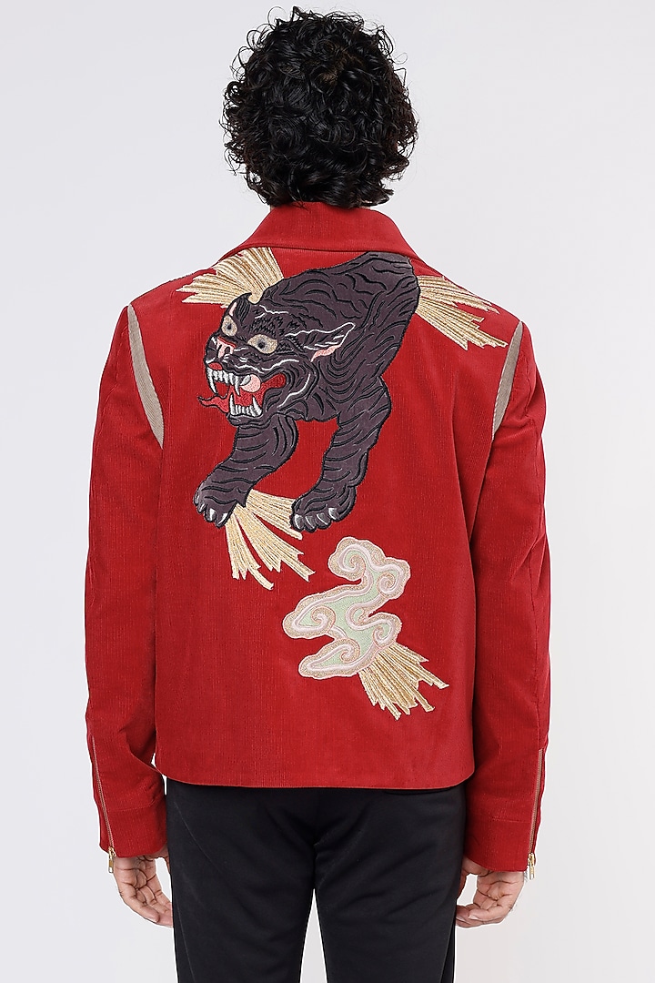 Red Corduroy Bomber Jacket by Kanishk Mehta Designs at Pernia's Pop Up Shop