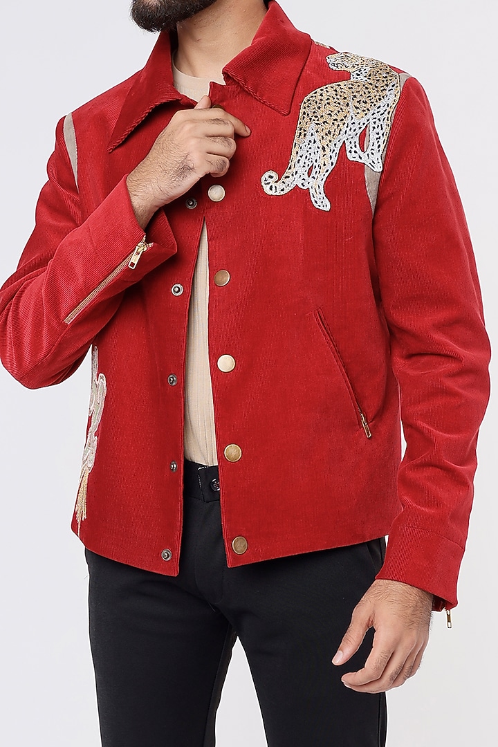Red Corduroy Bomber Jacket by Kanishk Mehta Designs at Pernia's Pop Up Shop