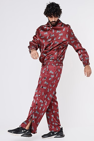 Maroon Printed Bomber Jacket Set by Kanishk Mehta Designs