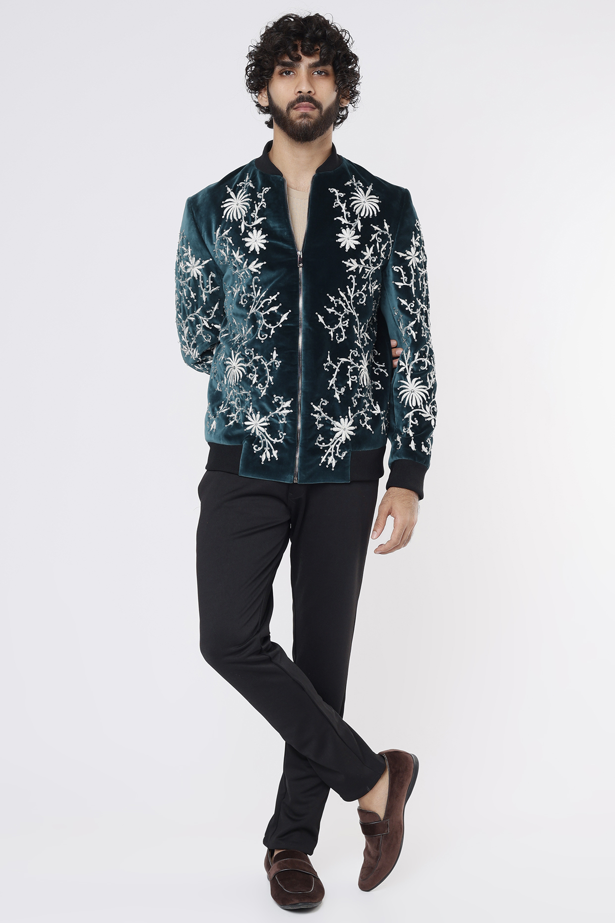 Teal Blue Embroidered Bomber Jacket by Kanishk Mehta Designs