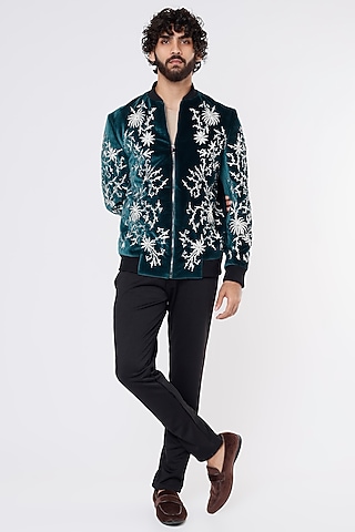 Teal Blue Embroidered Bomber Jacket by Kanishk Mehta Designs