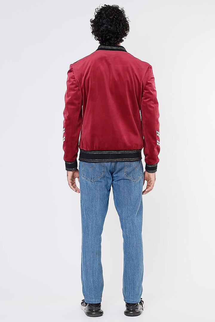 Coral Red Embroidered Bomber Jacket by Kanishk Mehta Designs at Pernia's Pop Up Shop