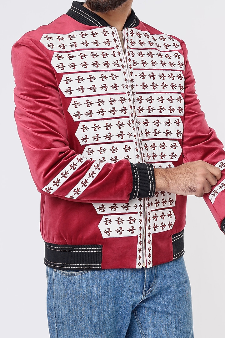 Coral Red Embroidered Bomber Jacket by Kanishk Mehta Designs at Pernia's Pop Up Shop