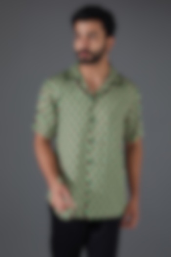 Green Cotton Satin Printed Party Wear Shirt by Kanishk Mehta Designs at Pernia's Pop Up Shop