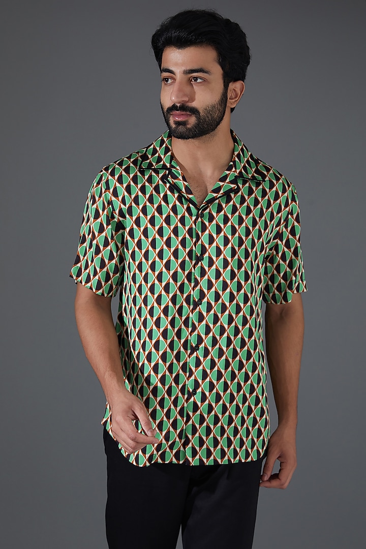 Green Cotton Satin Printed Party Wear Shirt by Kanishk Mehta Designs at Pernia's Pop Up Shop