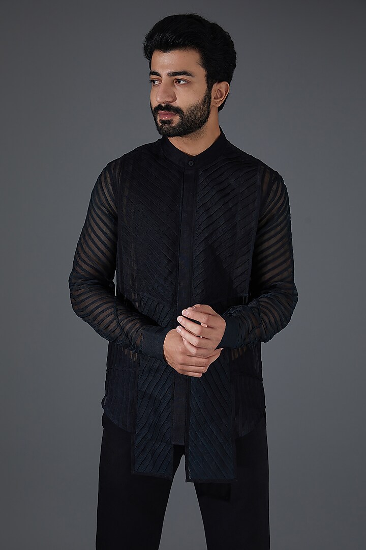 Black Organza & Mesh Wedding Shirt by Kanishk Mehta Designs at Pernia's Pop Up Shop
