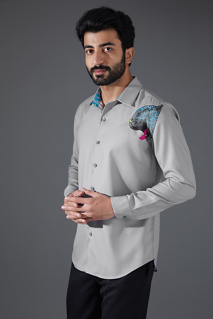 Grey Japanese Silk Printed Party Wear Shirt by Kanishk Mehta Designs at Pernia's Pop Up Shop