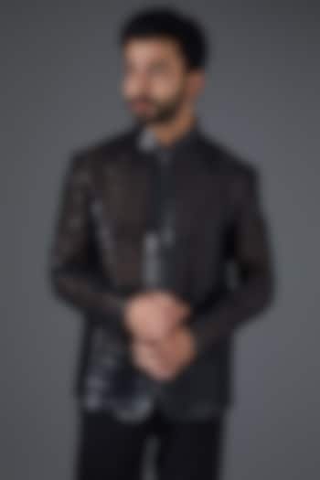 Black Organza & Leather Jacket by Kanishk Mehta Designs