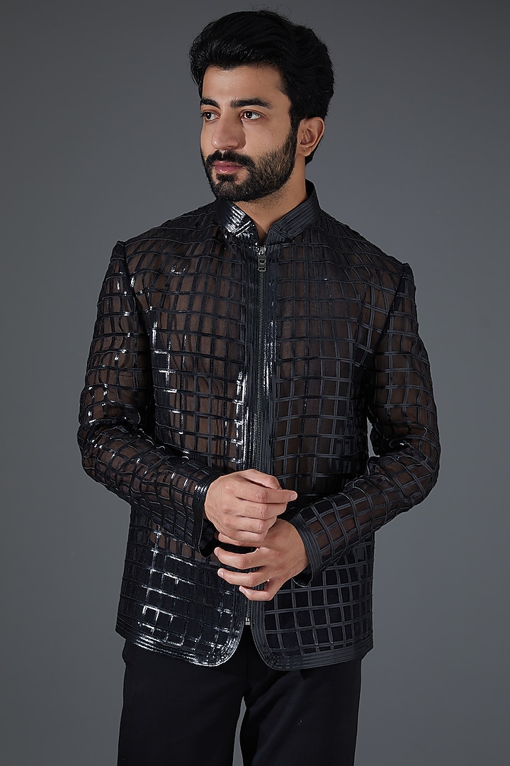 Black Organza & Leather Jacket by Kanishk Mehta Designs