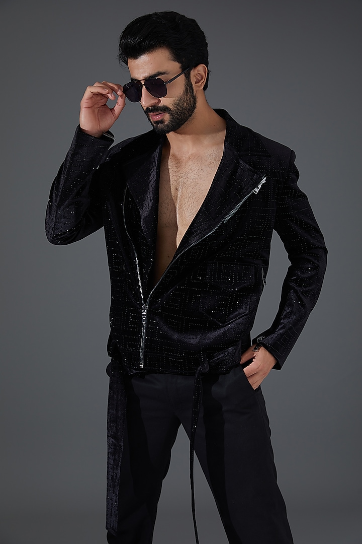 Black Velvet Embellished Jacket by Kanishk Mehta Designs at Pernia's Pop Up Shop