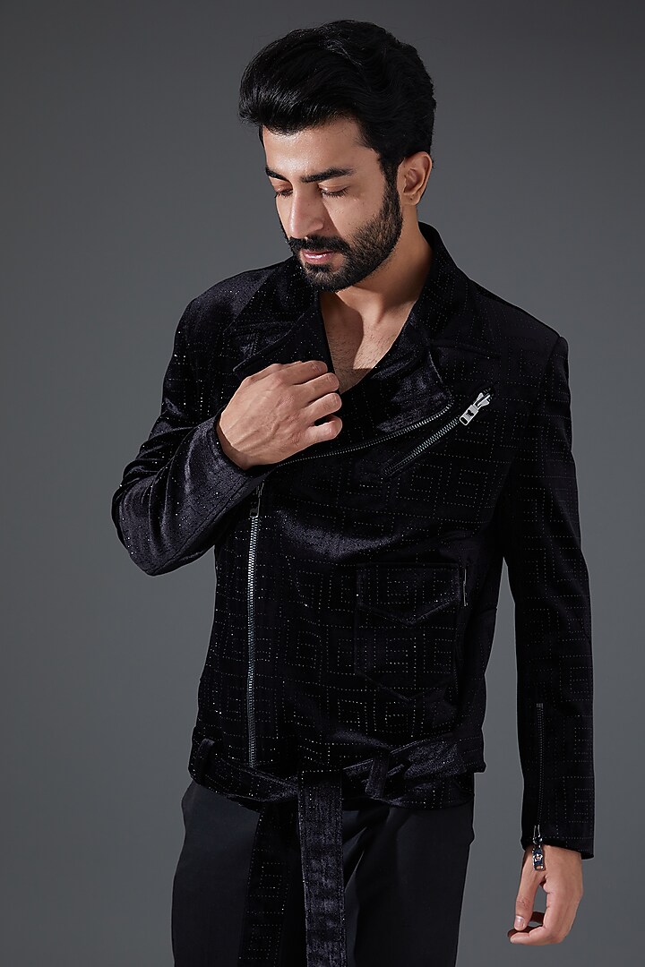 Black Velvet Embellished Jacket by Kanishk Mehta Designs at Pernia's Pop Up Shop