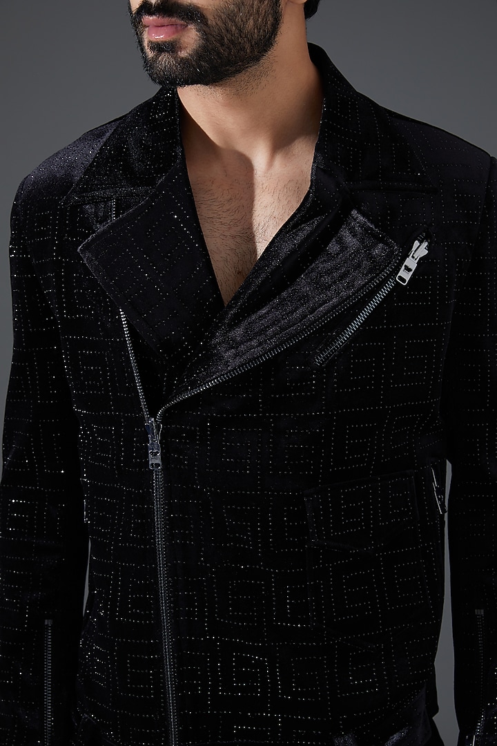 Black Velvet Embellished Jacket by Kanishk Mehta Designs at Pernia's Pop Up Shop