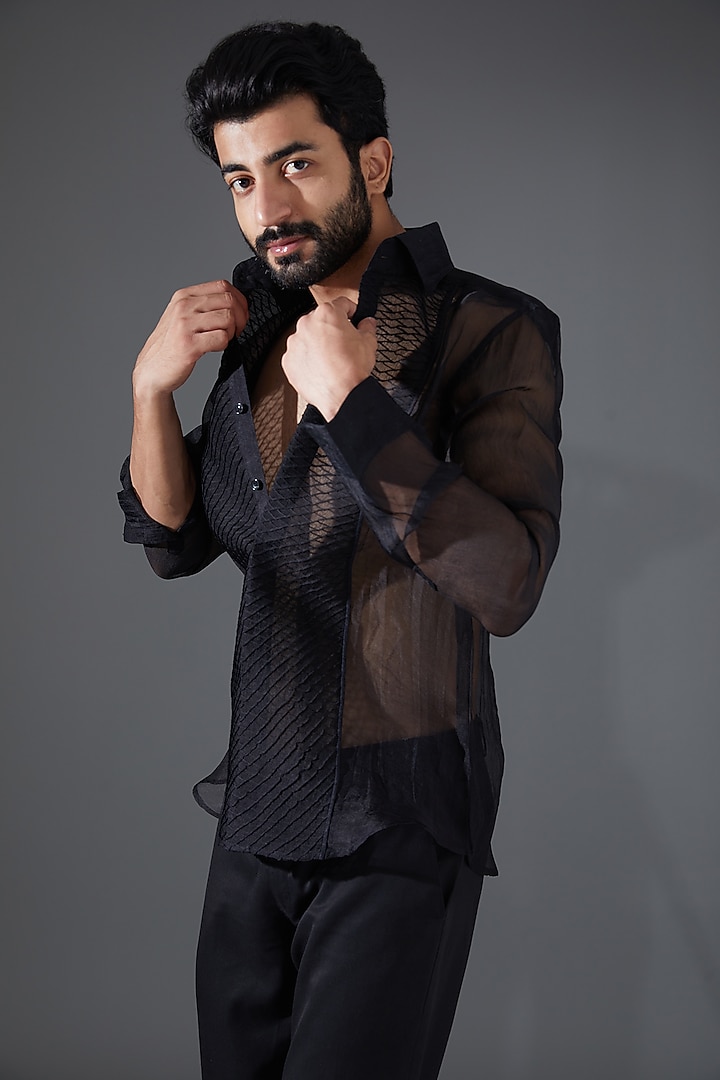 Black Organza & Mesh Party Wear Shirt by Kanishk Mehta Designs at Pernia's Pop Up Shop