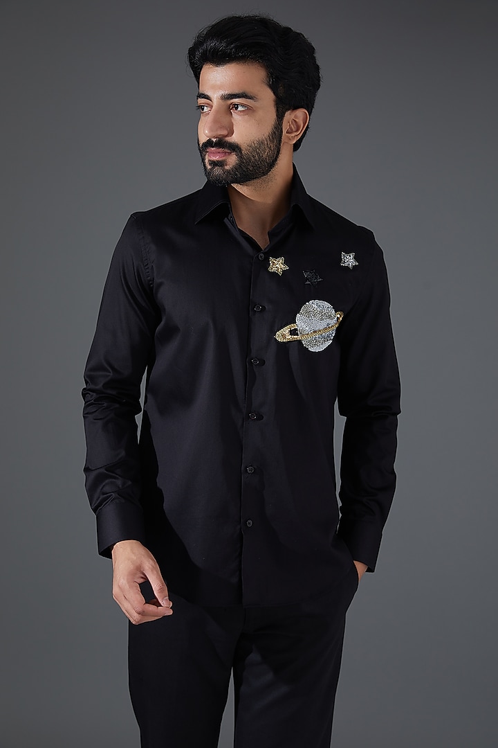 Black Giza Cotton Embroidered Shirt by Kanishk Mehta Designs