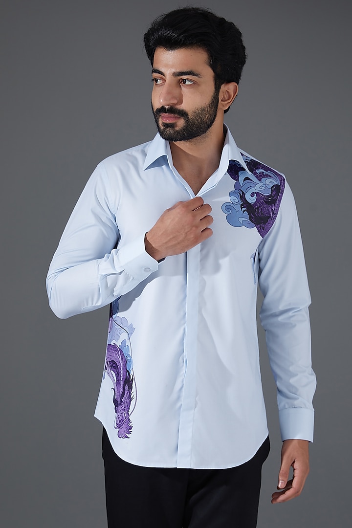 Blue Japanese Silk Printed Shirt by Kanishk Mehta Designs