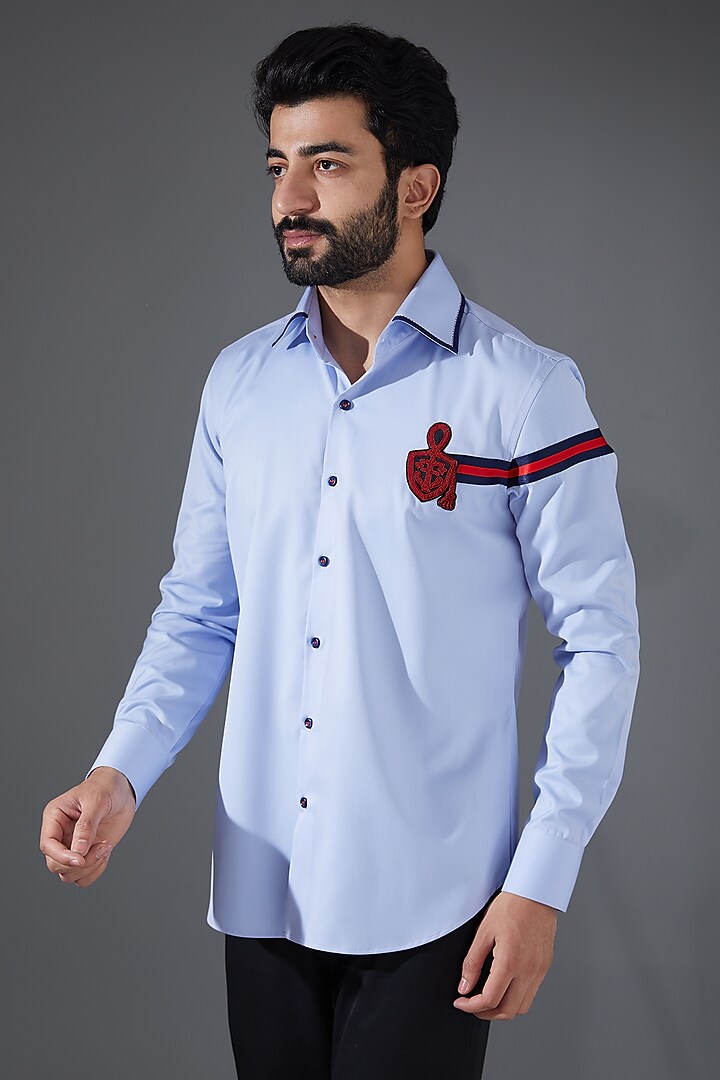 Blue Cotton Embroidered Shirt by Kanishk Mehta Designs at Pernia's Pop Up Shop