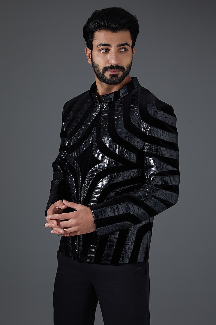 Black Velvet & Leather Jacket by Kanishk Mehta Designs