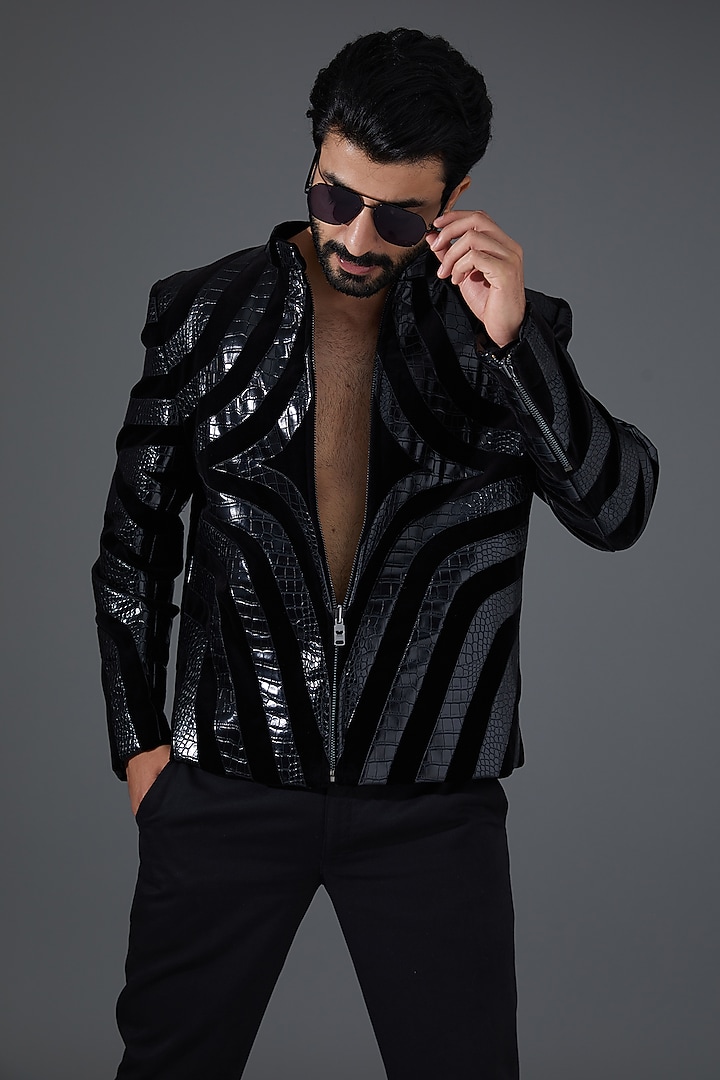 Black Velvet & Leather Jacket by Kanishk Mehta Designs at Pernia's Pop Up Shop