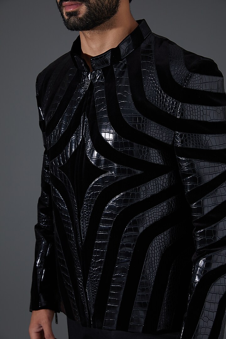 Black Velvet & Leather Jacket by Kanishk Mehta Designs at Pernia's Pop Up Shop