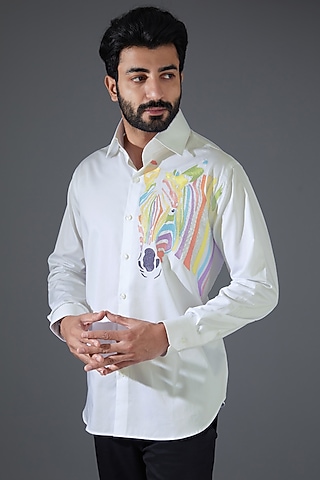 White Giza Cotton Embroidered Shirt by Kanishk Mehta Designs