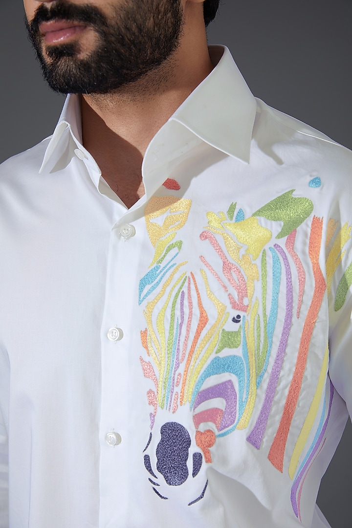 White Giza Cotton Embroidered Party Wear Shirt by Kanishk Mehta Designs at Pernia's Pop Up Shop