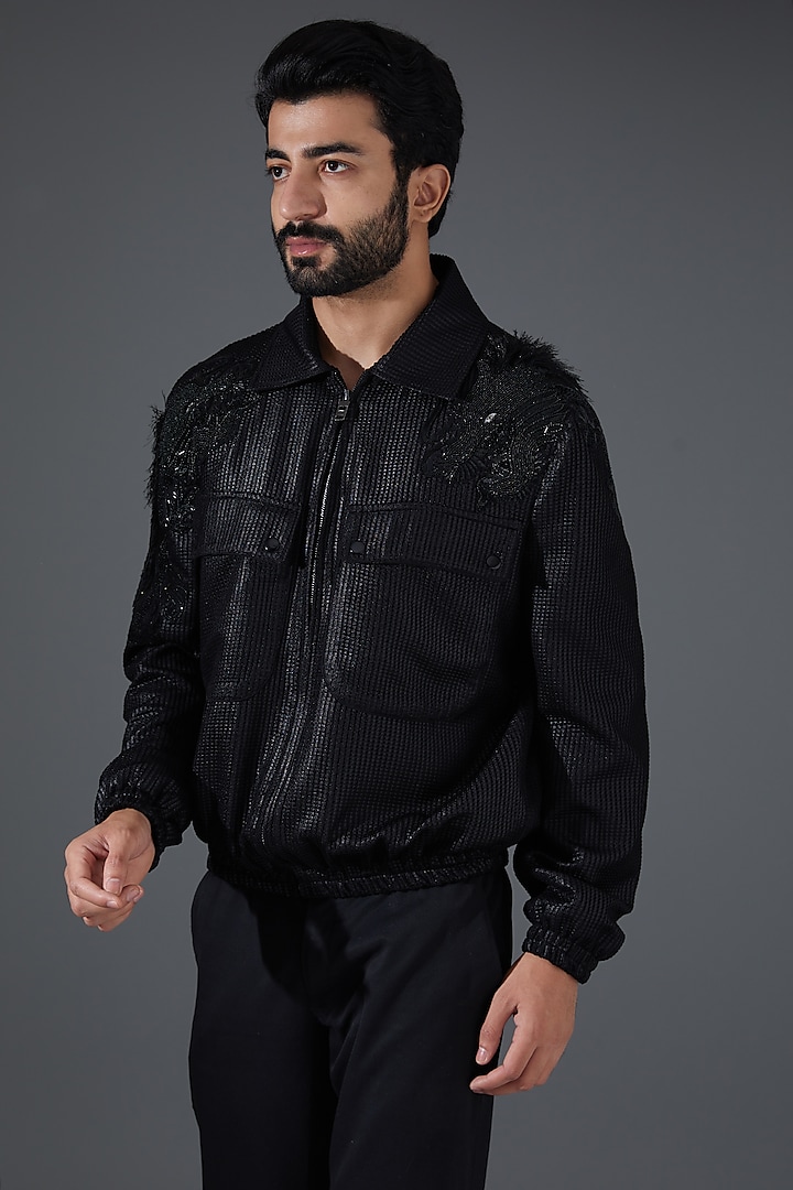 Black Jacquard Embroidered Jacket by Kanishk Mehta Designs
