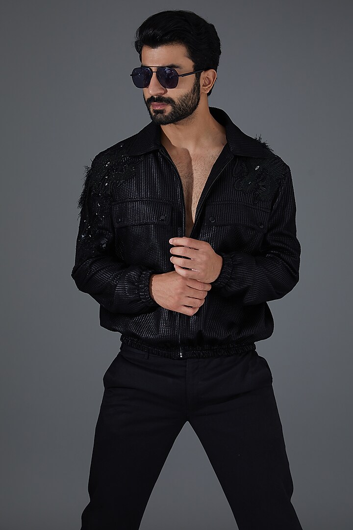 Black Jacquard Embroidered Jacket by Kanishk Mehta Designs at Pernia's Pop Up Shop